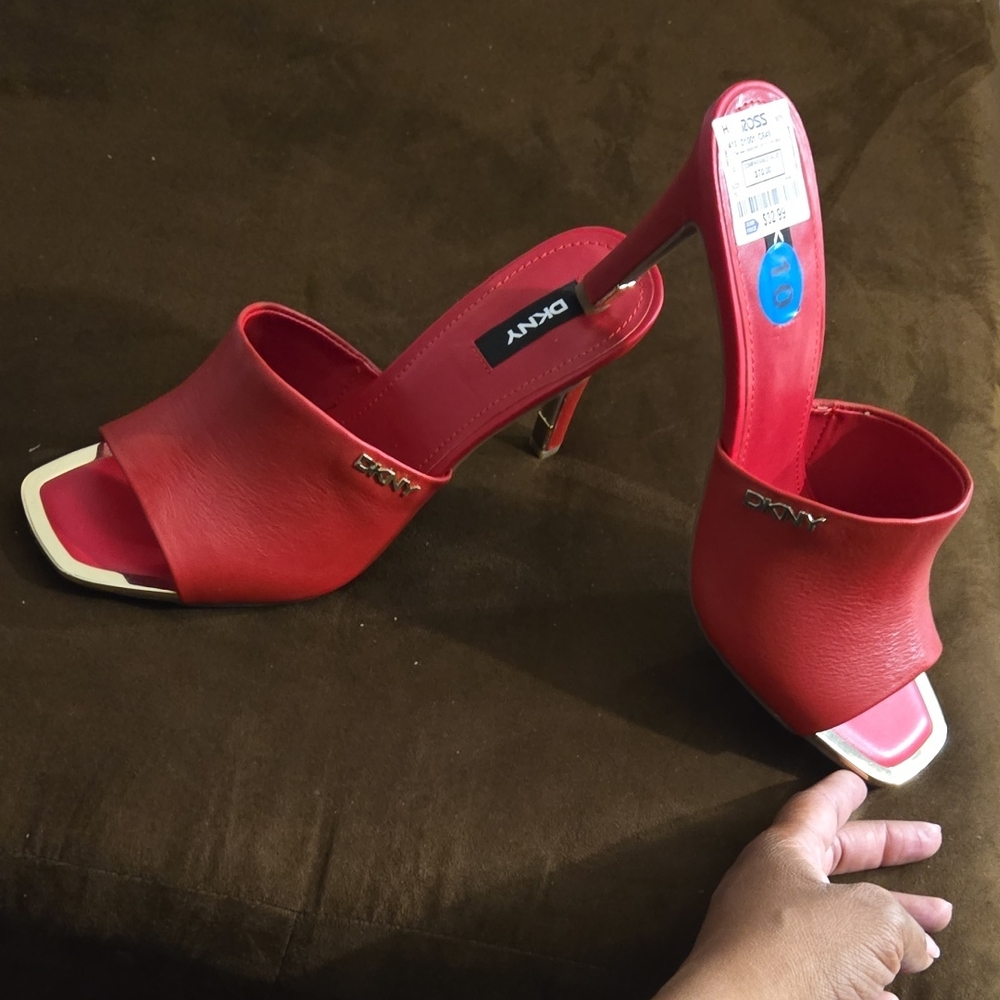 DKNY Red Stiletto Heels with Open-Toe Design